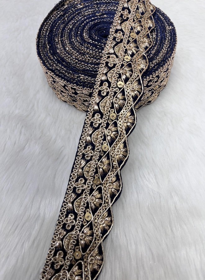 Velvet zari lace Women Fabric Ethnic wear Velvet Cutting Ribbon Embroidered Trim lace for Saree, Kurti, Dresses, Bandhani, Lehenga (9 mtr) (Width 4cm) (Navy Blue)